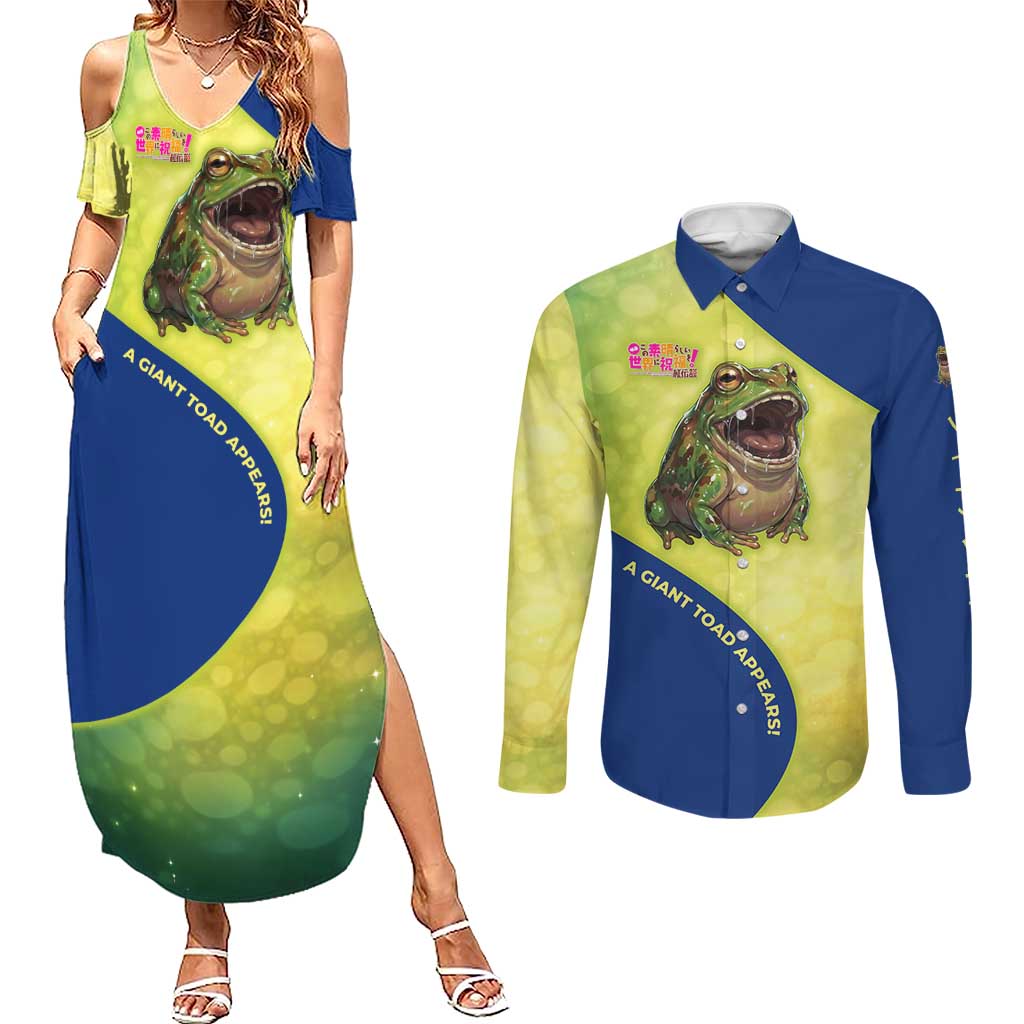 Giant Toad Encounter Couples Matching Summer Maxi Dress and Long Sleeve Button Shirt Comedic Fantasy Creature Art Style