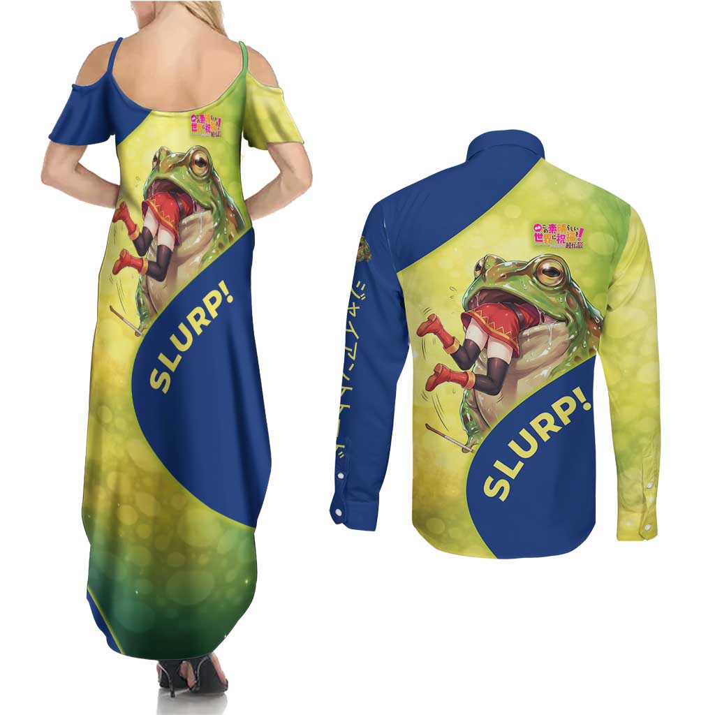 Giant Toad Encounter Couples Matching Summer Maxi Dress and Long Sleeve Button Shirt Comedic Fantasy Creature Art Style