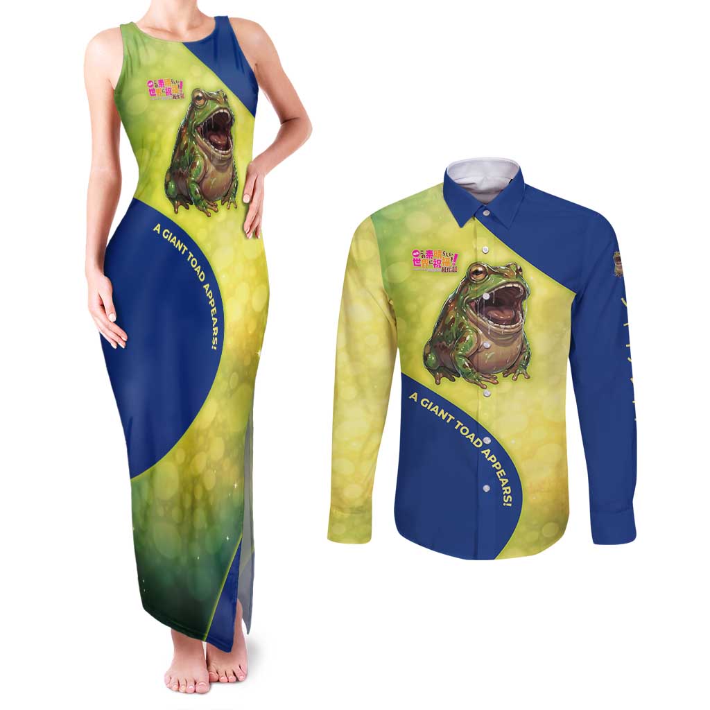 Giant Toad Encounter Couples Matching Tank Maxi Dress and Long Sleeve Button Shirt Comedic Fantasy Creature Art Style