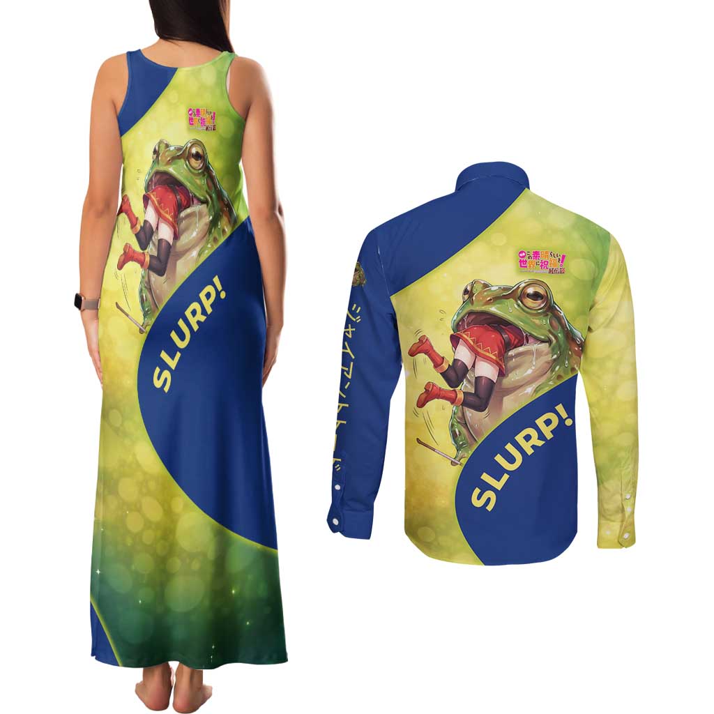 Giant Toad Encounter Couples Matching Tank Maxi Dress and Long Sleeve Button Shirt Comedic Fantasy Creature Art Style