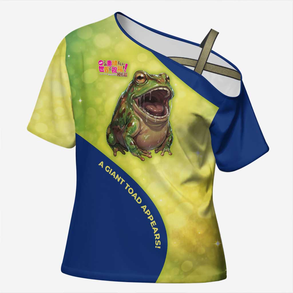 Giant Toad Encounter Cross Shoulder Shirt Comedic Fantasy Creature Art Style