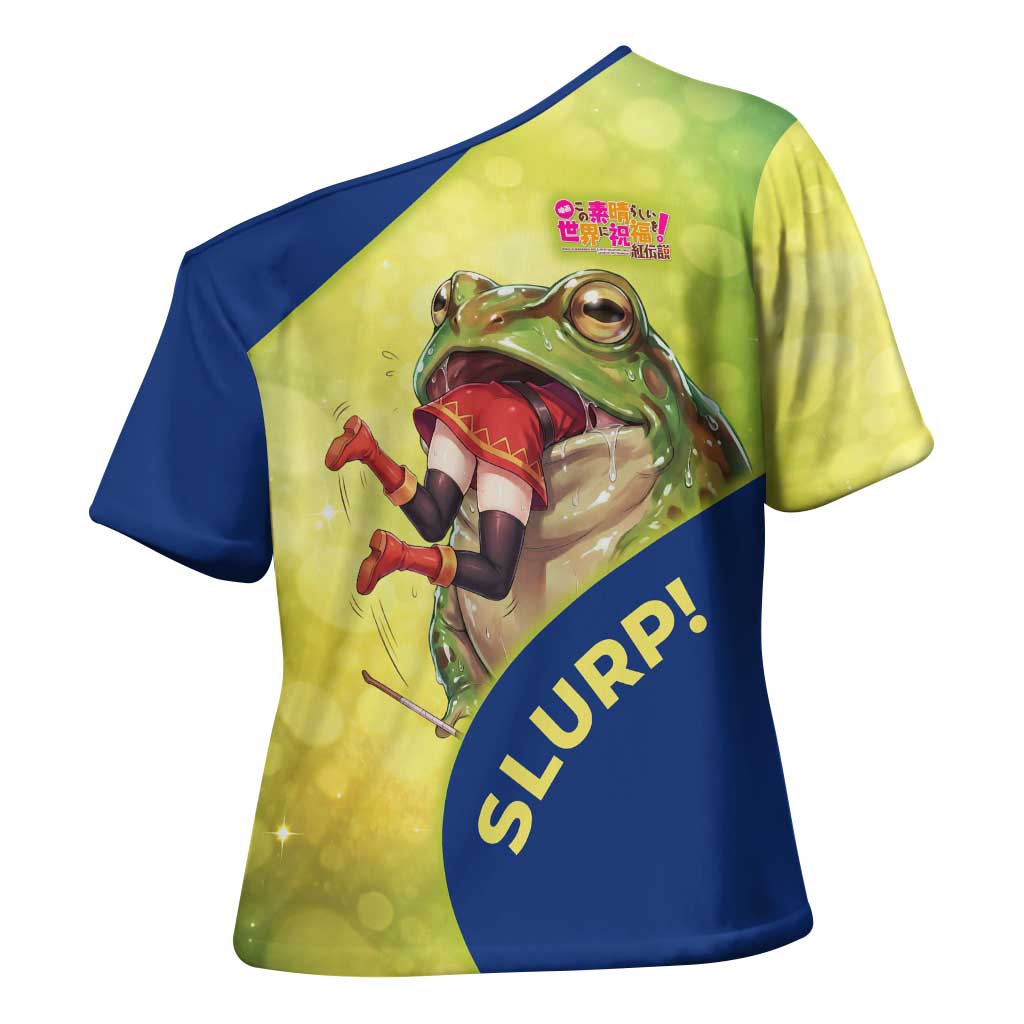 Giant Toad Encounter Cross Shoulder Shirt Comedic Fantasy Creature Art Style
