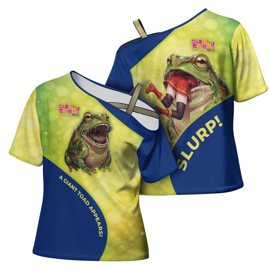 Giant Toad Encounter Cross Shoulder Shirt Comedic Fantasy Creature Art Style