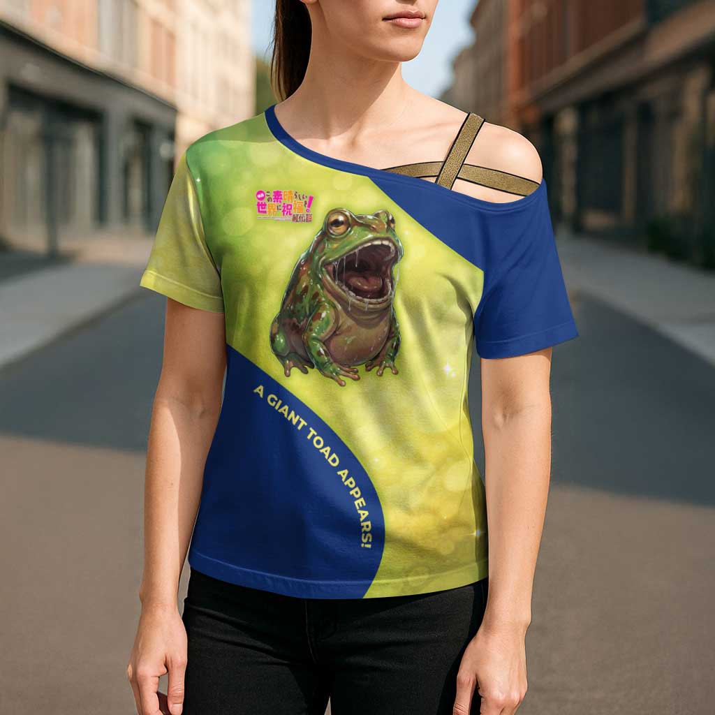Giant Toad Encounter Cross Shoulder Shirt Comedic Fantasy Creature Art Style