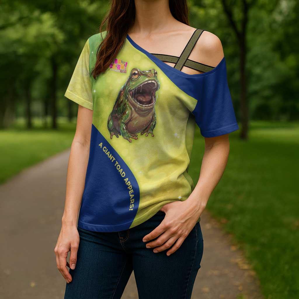 Giant Toad Encounter Cross Shoulder Shirt Comedic Fantasy Creature Art Style