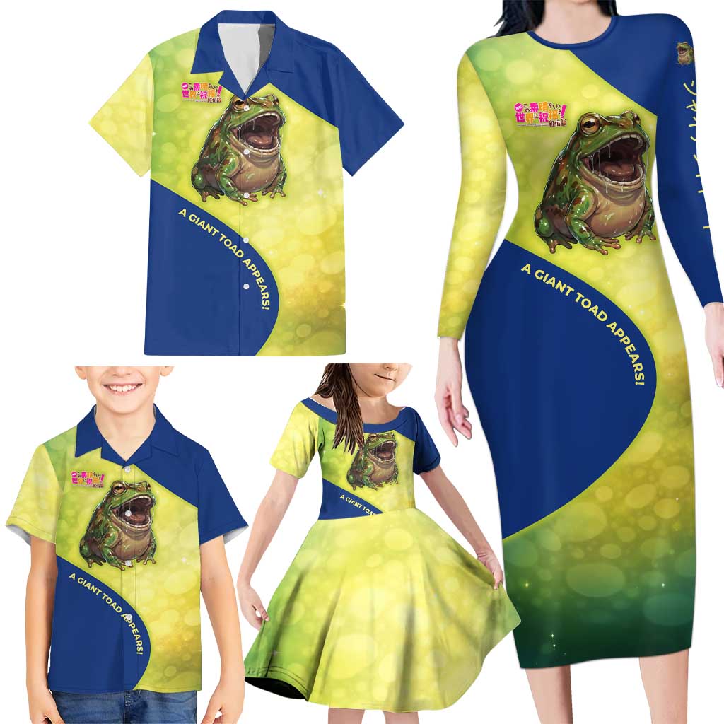 Giant Toad Encounter Family Matching Long Sleeve Bodycon Dress and Hawaiian Shirt Comedic Fantasy Creature Art Style