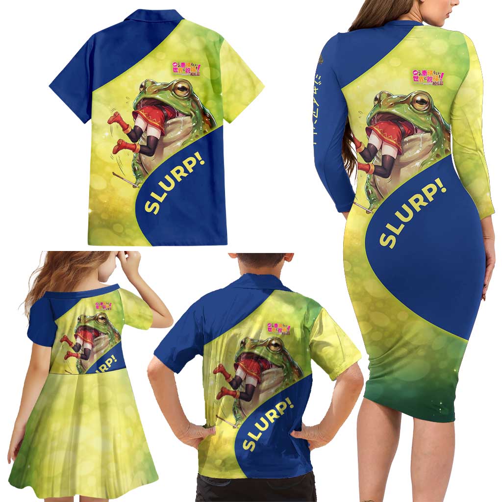 Giant Toad Encounter Family Matching Long Sleeve Bodycon Dress and Hawaiian Shirt Comedic Fantasy Creature Art Style