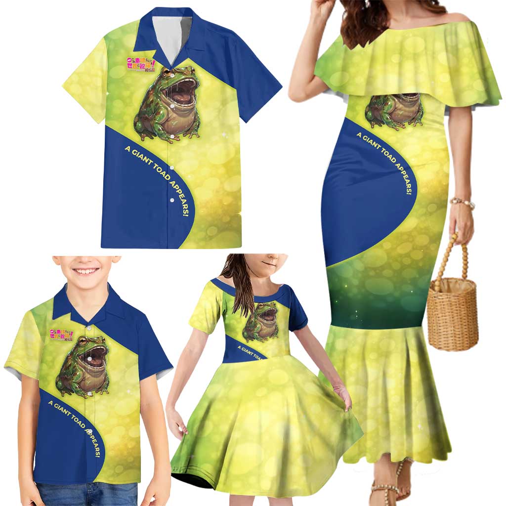 Giant Toad Encounter Family Matching Mermaid Dress and Hawaiian Shirt Comedic Fantasy Creature Art Style