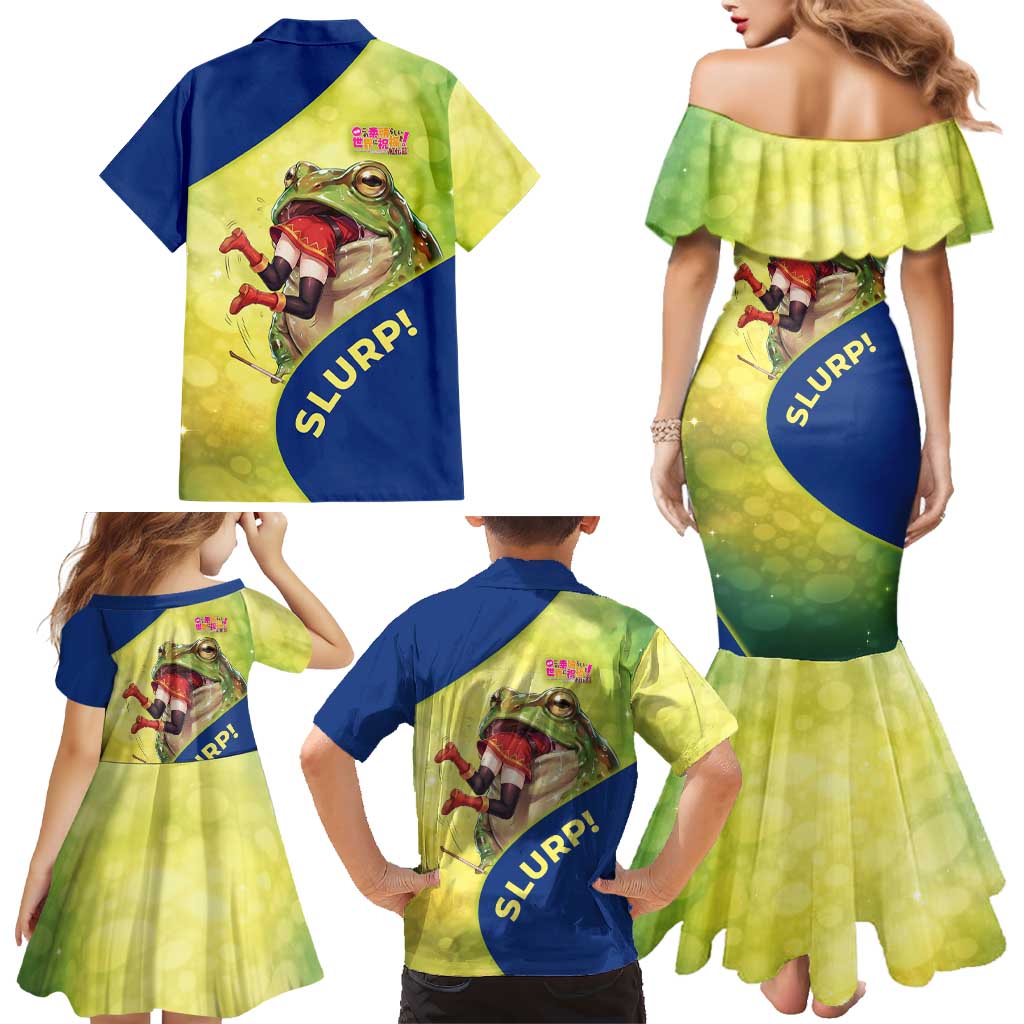 Giant Toad Encounter Family Matching Mermaid Dress and Hawaiian Shirt Comedic Fantasy Creature Art Style
