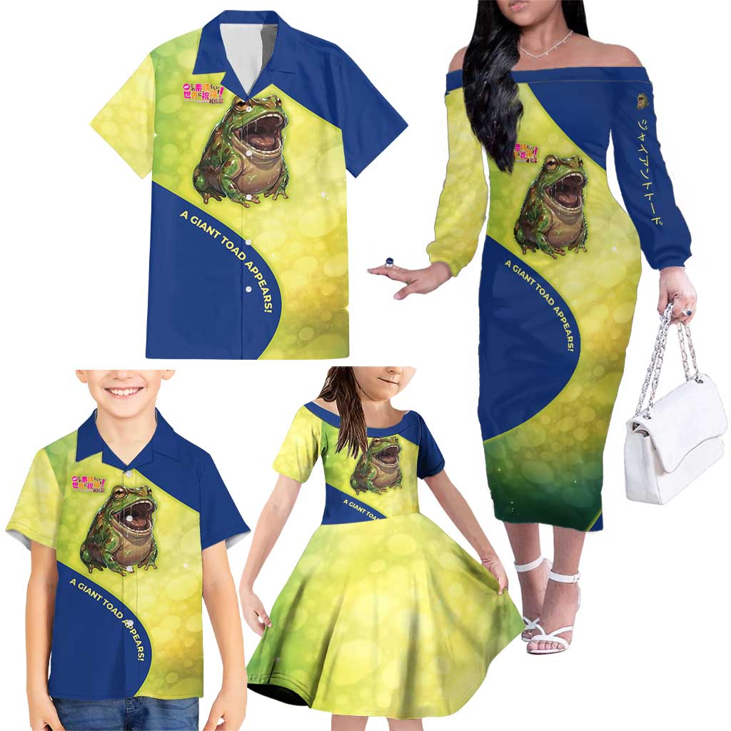 Giant Toad Encounter Family Matching Off The Shoulder Long Sleeve Dress and Hawaiian Shirt Comedic Fantasy Creature Art Style