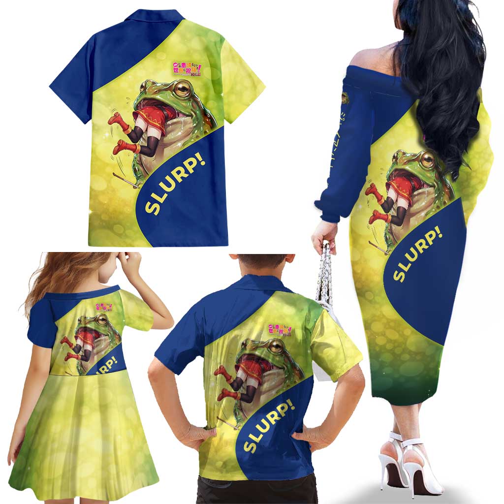 Giant Toad Encounter Family Matching Off The Shoulder Long Sleeve Dress and Hawaiian Shirt Comedic Fantasy Creature Art Style