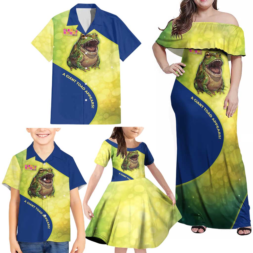 Giant Toad Encounter Family Matching Off Shoulder Maxi Dress and Hawaiian Shirt Comedic Fantasy Creature Art Style