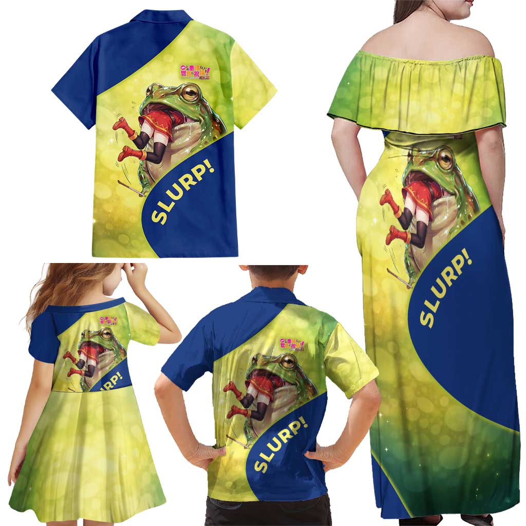 Giant Toad Encounter Family Matching Off Shoulder Maxi Dress and Hawaiian Shirt Comedic Fantasy Creature Art Style