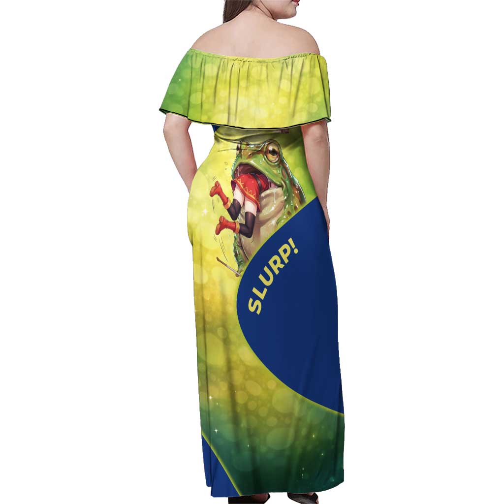 Giant Toad Encounter Family Matching Off Shoulder Maxi Dress and Hawaiian Shirt Comedic Fantasy Creature Art Style