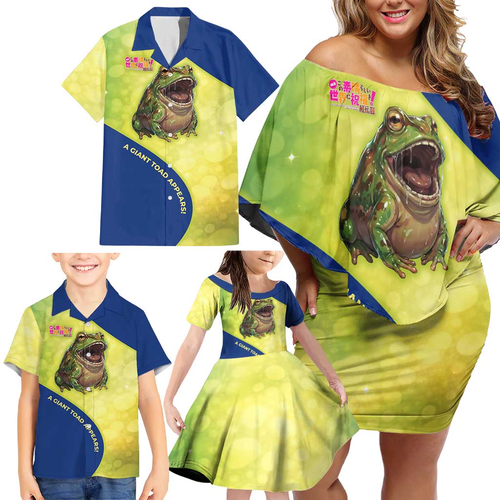 Giant Toad Encounter Family Matching Off Shoulder Short Dress and Hawaiian Shirt Comedic Fantasy Creature Art Style