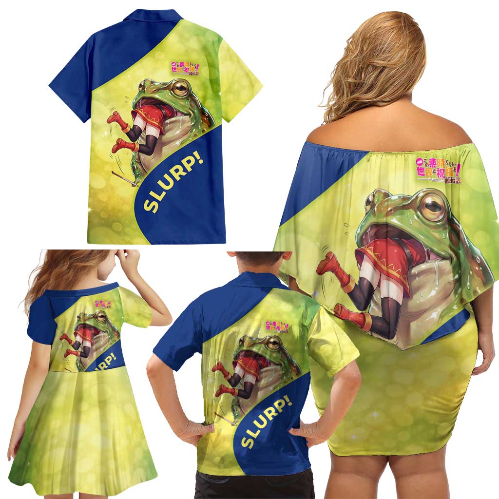 Giant Toad Encounter Family Matching Off Shoulder Short Dress and Hawaiian Shirt Comedic Fantasy Creature Art Style