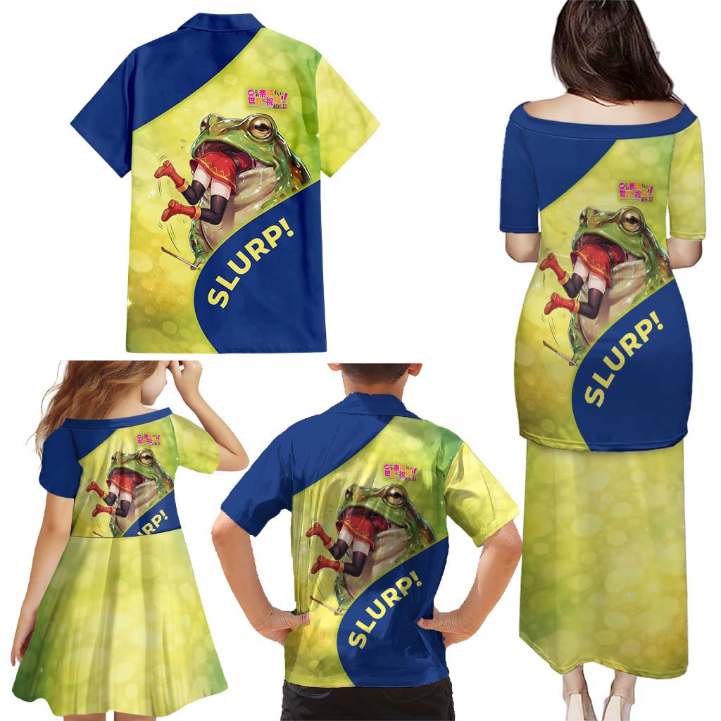 Giant Toad Encounter Family Matching Puletasi and Hawaiian Shirt Comedic Fantasy Creature Art Style