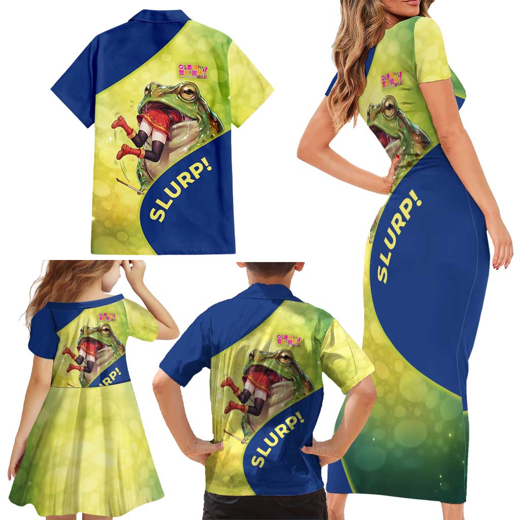 Giant Toad Encounter Family Matching Short Sleeve Bodycon Dress and Hawaiian Shirt Comedic Fantasy Creature Art Style