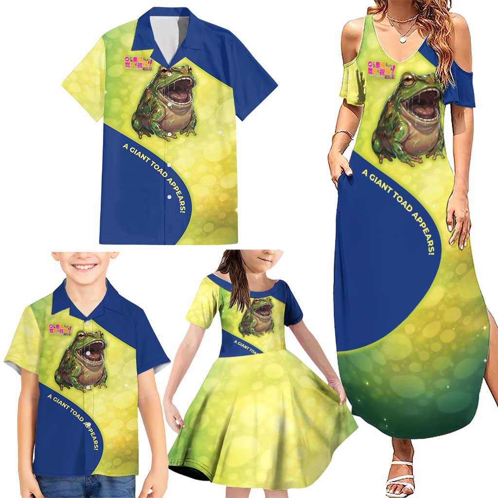 Giant Toad Encounter Family Matching Summer Maxi Dress and Hawaiian Shirt Comedic Fantasy Creature Art Style