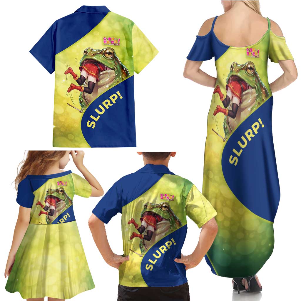 Giant Toad Encounter Family Matching Summer Maxi Dress and Hawaiian Shirt Comedic Fantasy Creature Art Style