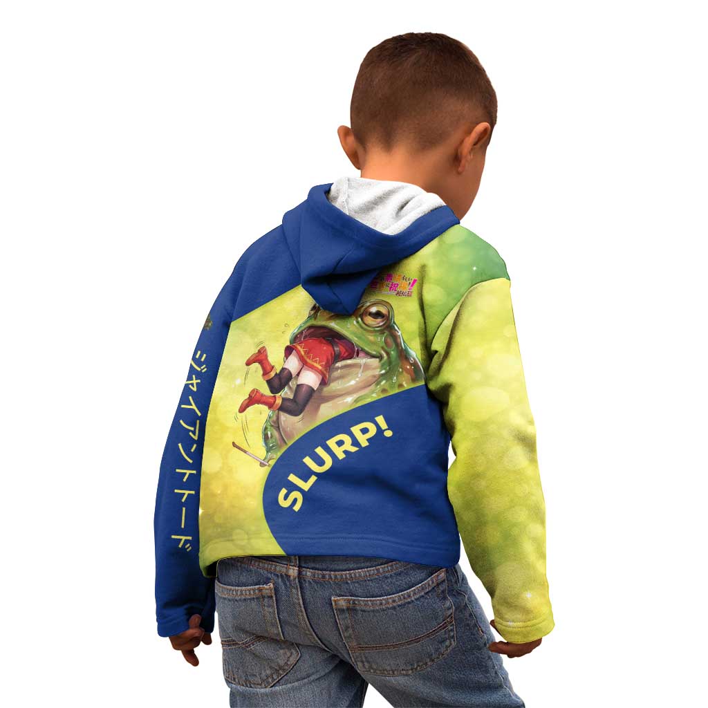 Giant Toad Encounter Kid Hoodie Comedic Fantasy Creature Art Style