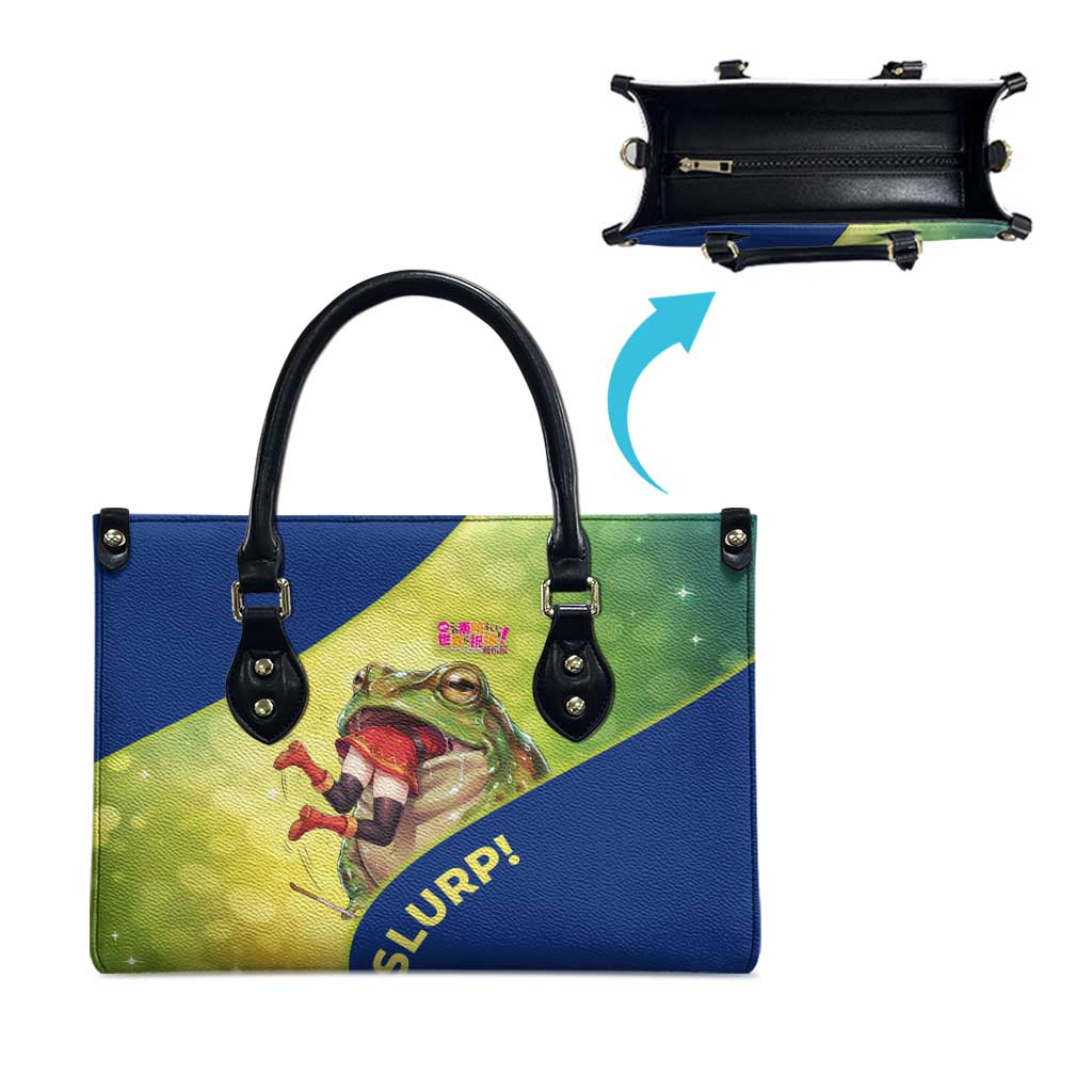 Giant Toad Encounter Leather Bag Comedic Fantasy Creature Art Style