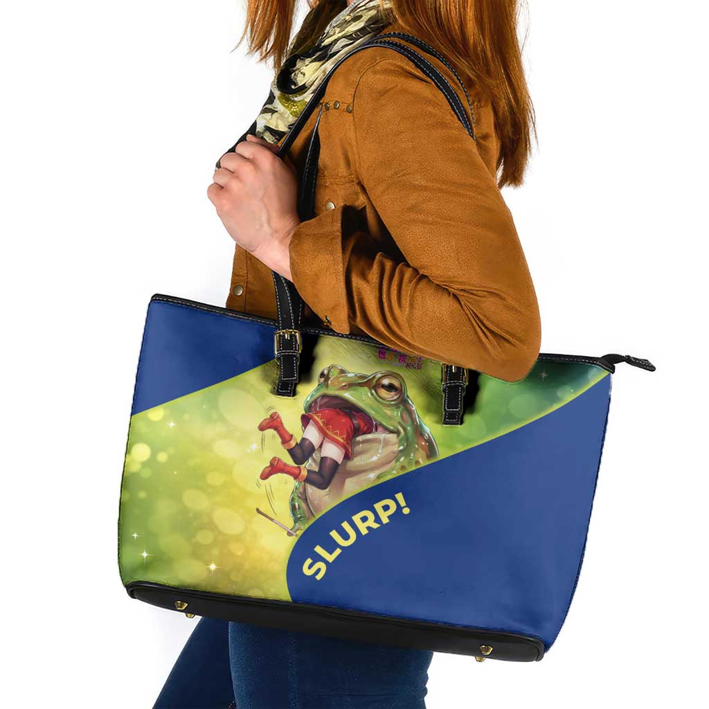 Giant Toad Encounter Leather Tote Bag Comedic Fantasy Creature Art Style