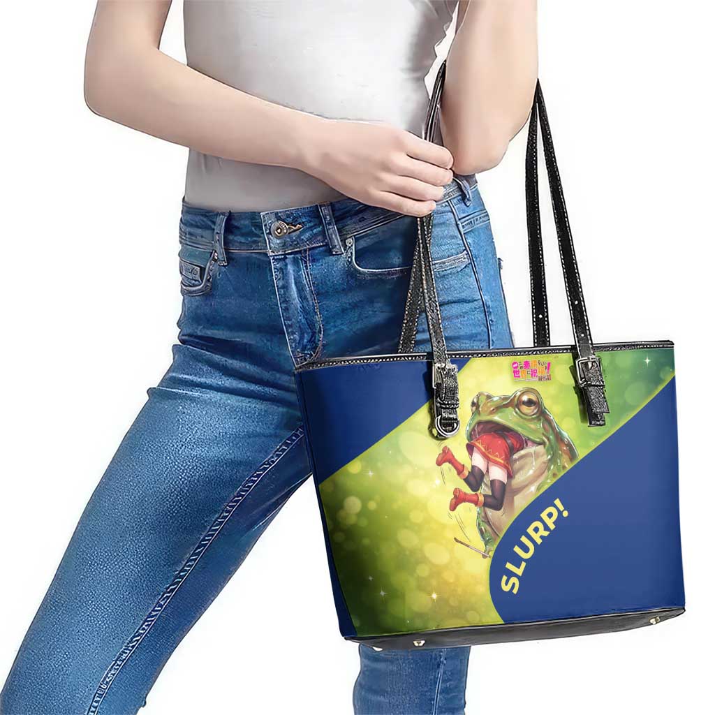 Giant Toad Encounter Leather Tote Bag Comedic Fantasy Creature Art Style