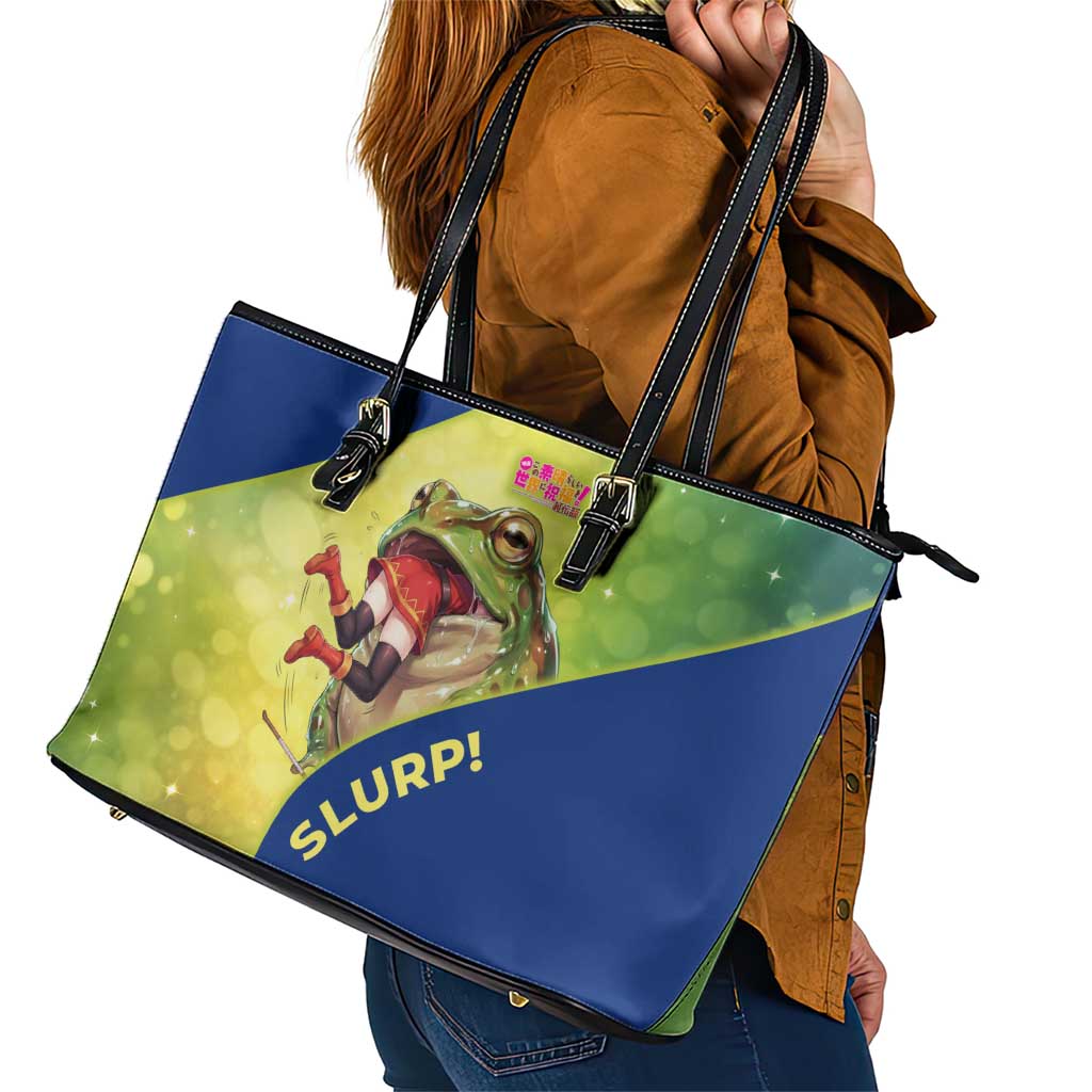 Giant Toad Encounter Leather Tote Bag Comedic Fantasy Creature Art Style