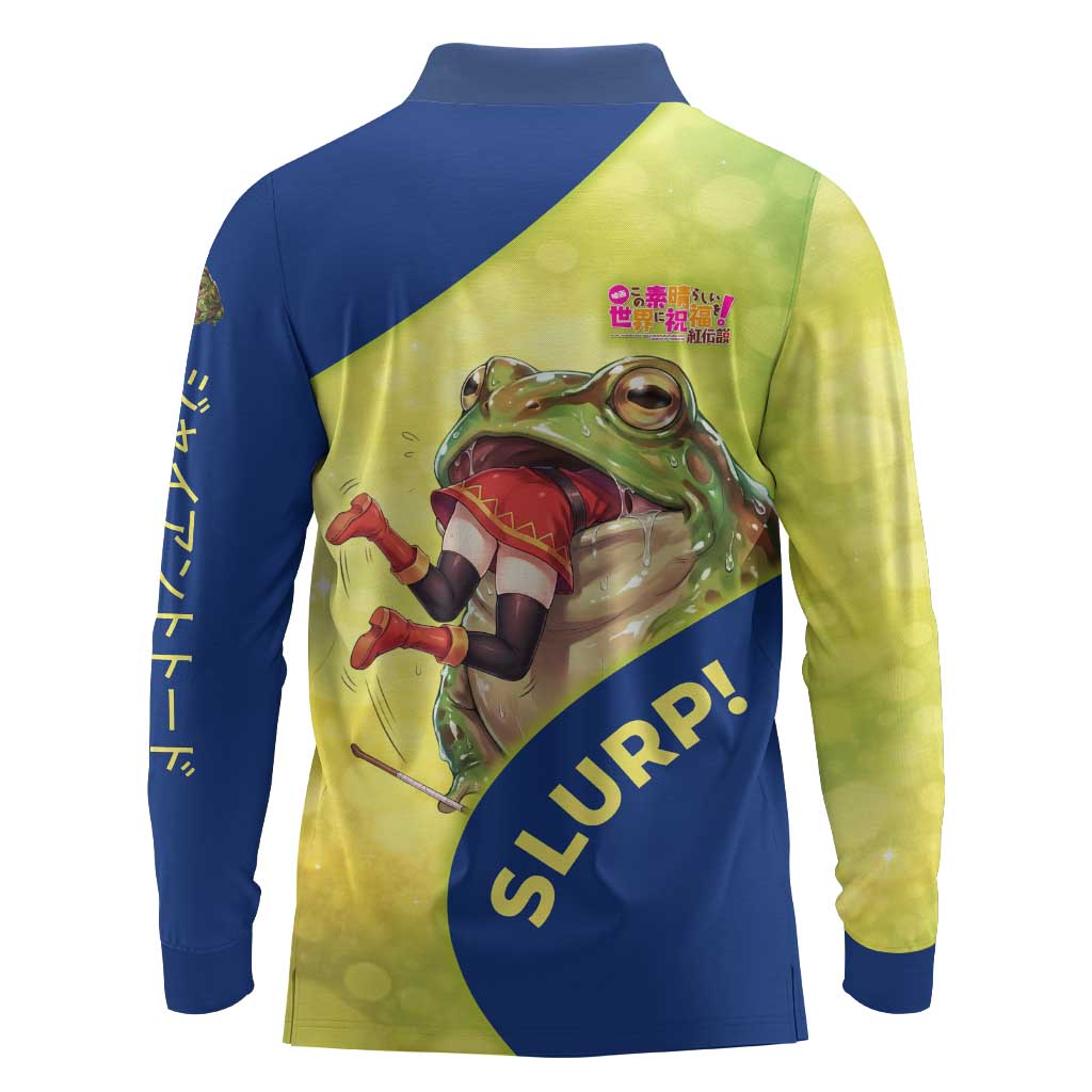 Giant Toad Encounter Long Sleeve Polo Shirt Comedic Fantasy Creature Art Style