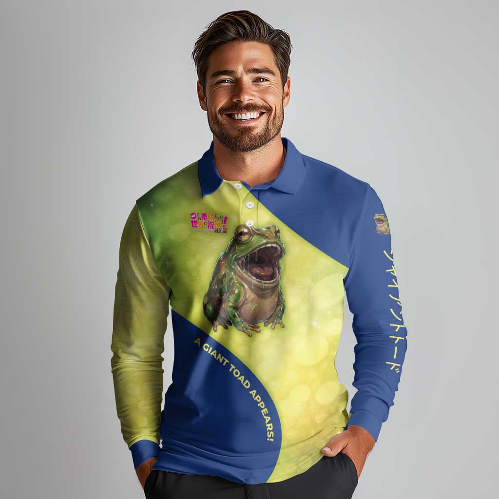 Giant Toad Encounter Long Sleeve Polo Shirt Comedic Fantasy Creature Art Style