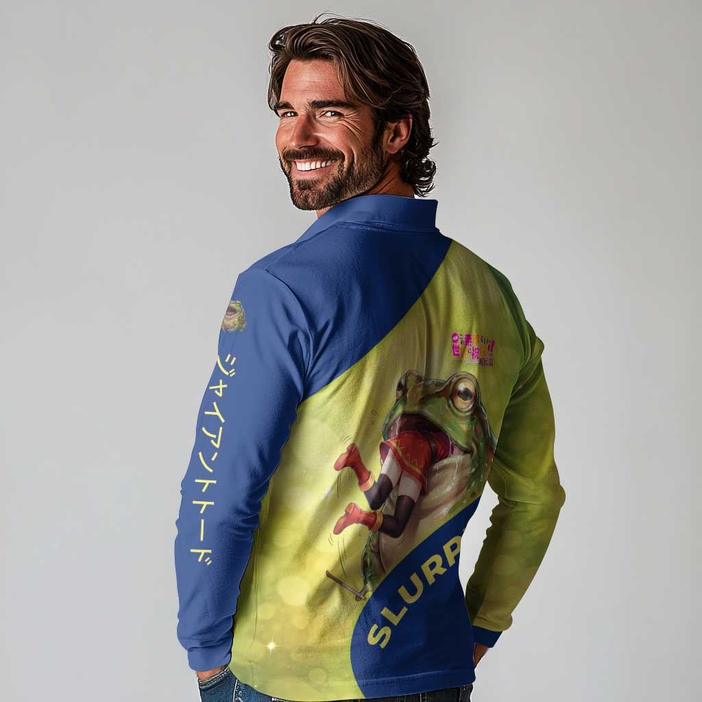 Giant Toad Encounter Long Sleeve Polo Shirt Comedic Fantasy Creature Art Style