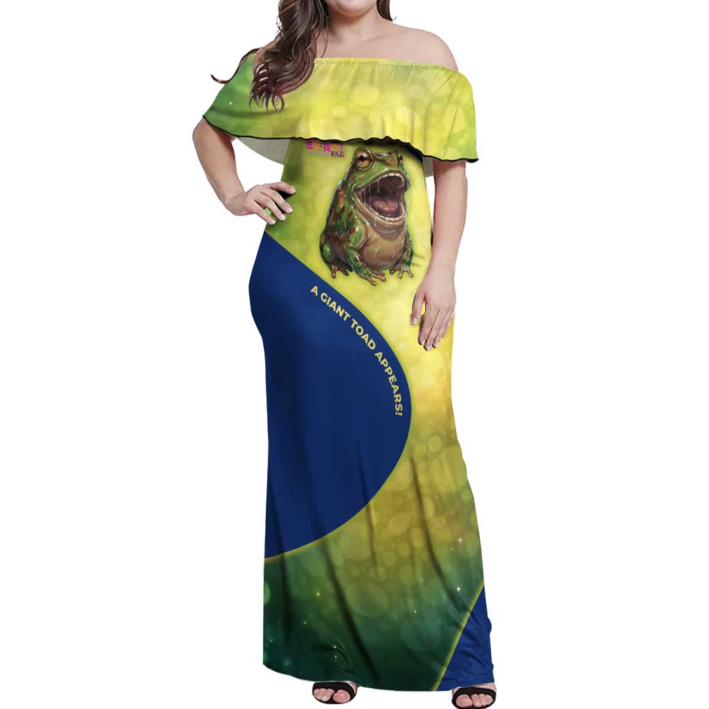 Giant Toad Encounter Off Shoulder Maxi Dress Comedic Fantasy Creature Art Style