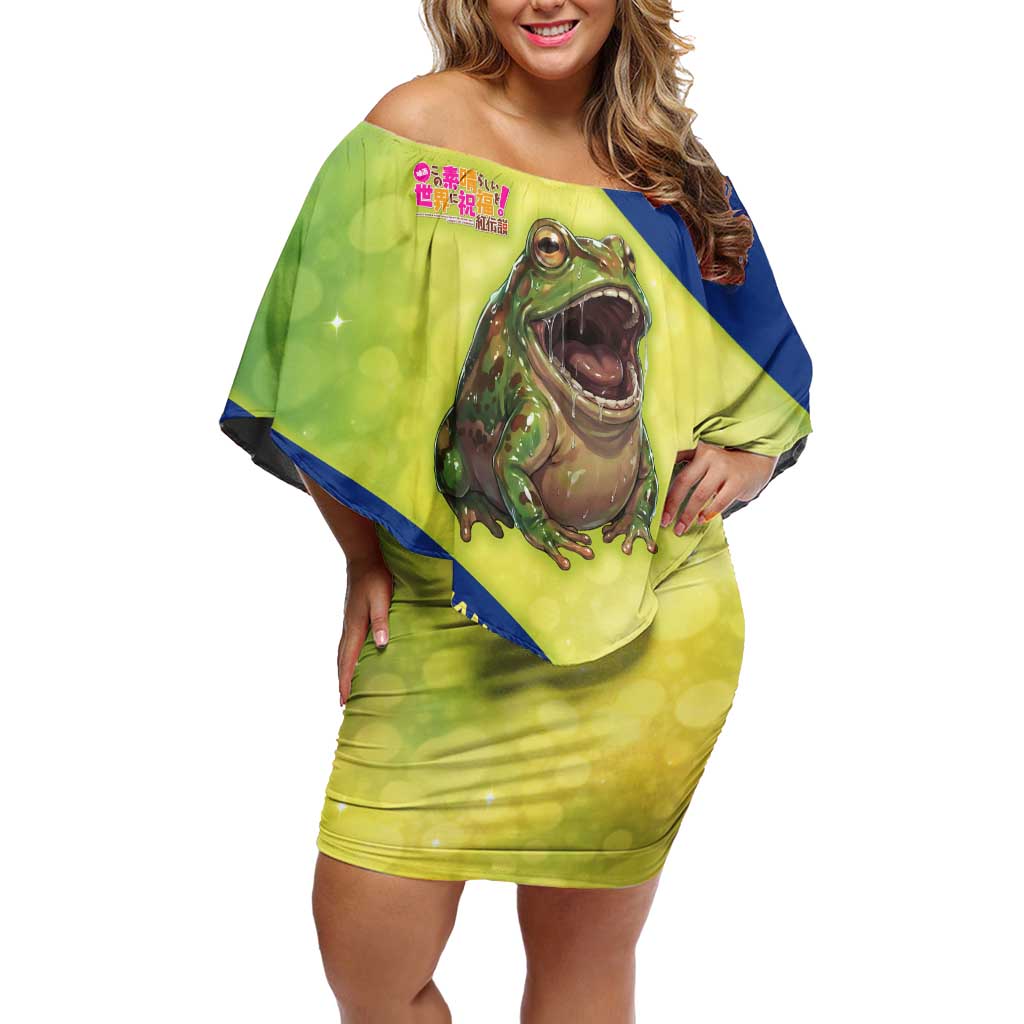 Giant Toad Encounter Off Shoulder Short Dress Comedic Fantasy Creature Art Style