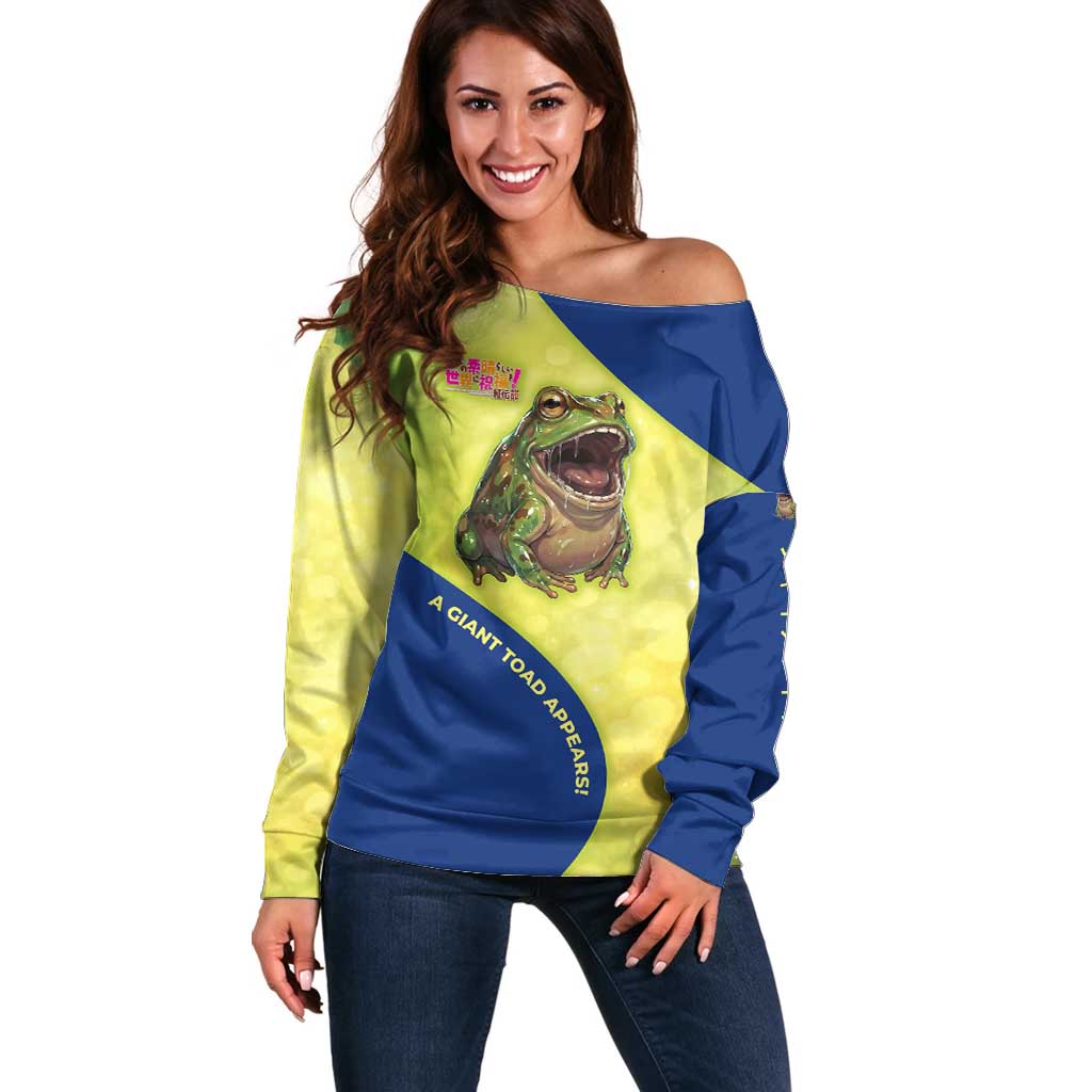 Giant Toad Encounter Off Shoulder Sweater Comedic Fantasy Creature Art Style