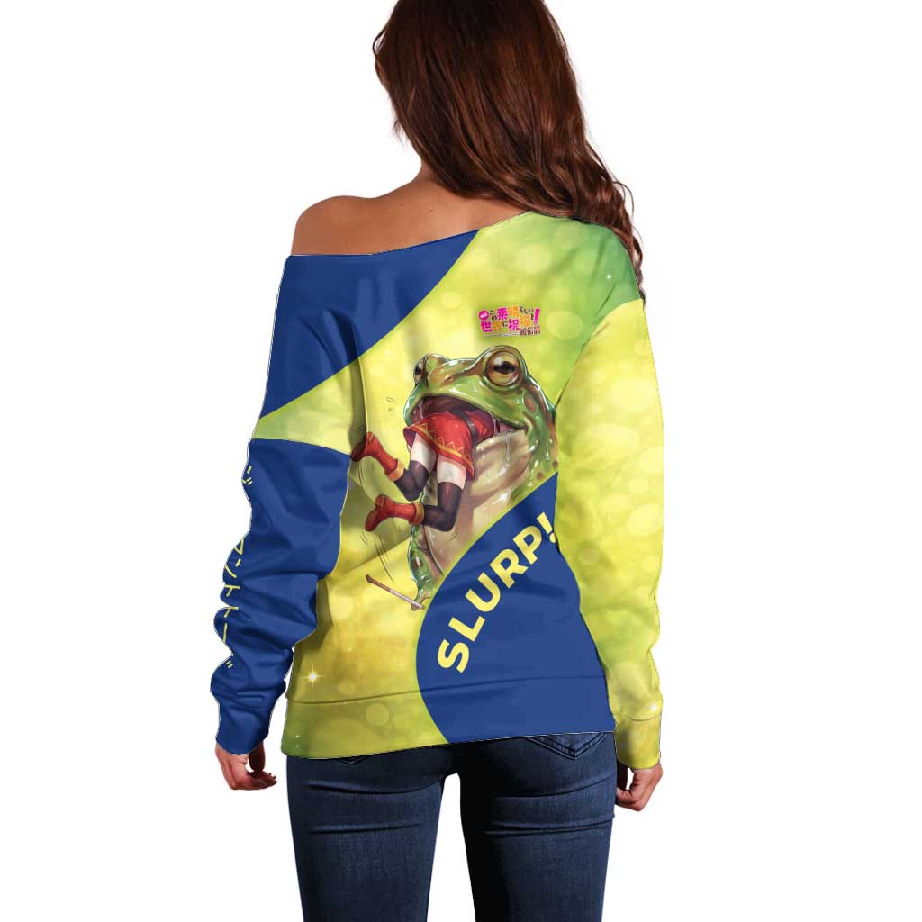 Giant Toad Encounter Off Shoulder Sweater Comedic Fantasy Creature Art Style