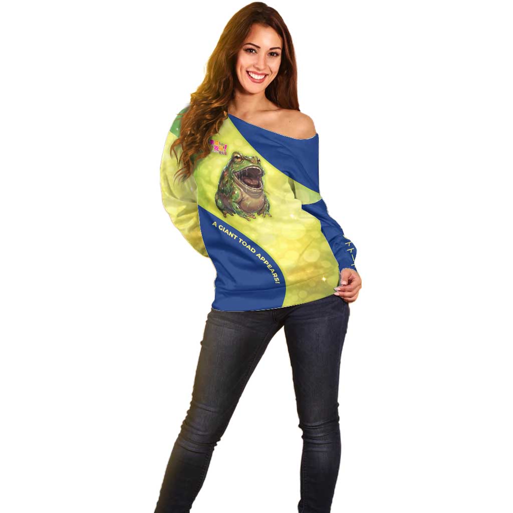 Giant Toad Encounter Off Shoulder Sweater Comedic Fantasy Creature Art Style