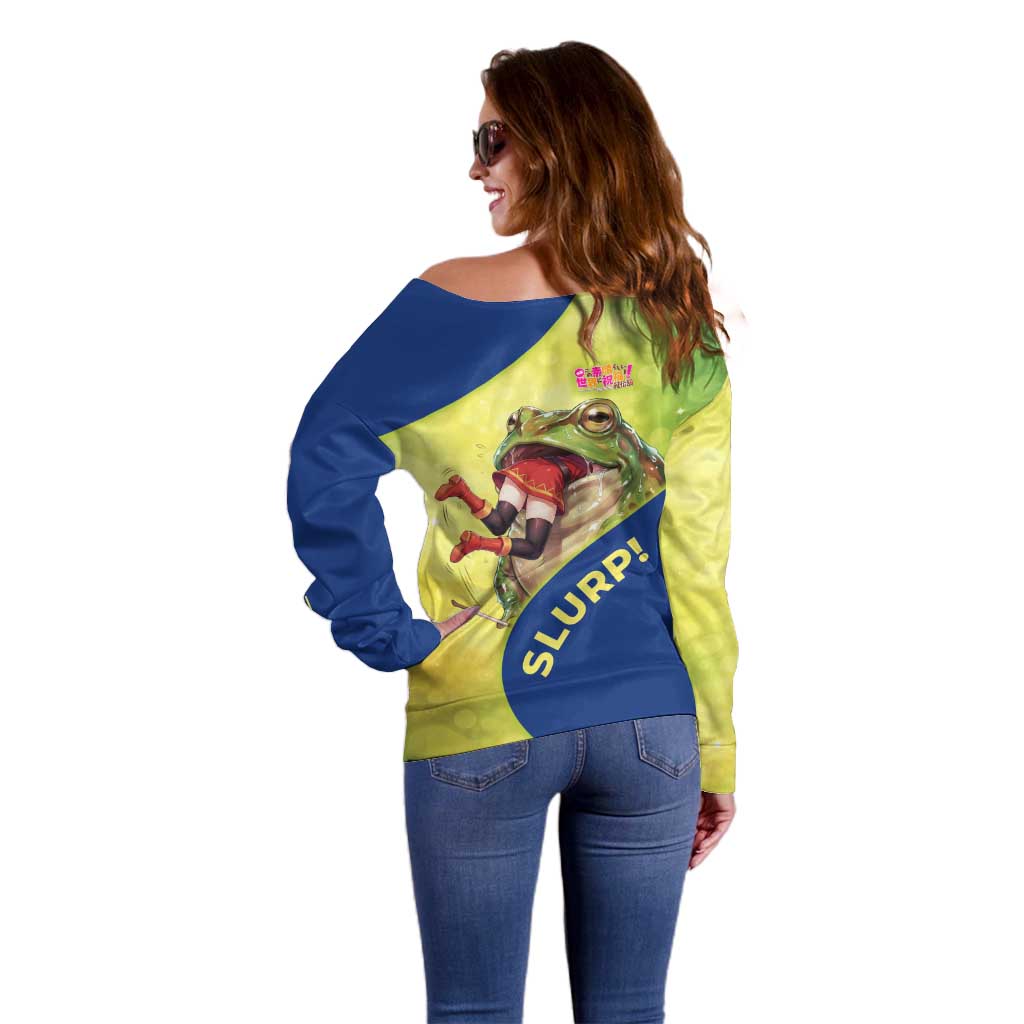 Giant Toad Encounter Off Shoulder Sweater Comedic Fantasy Creature Art Style