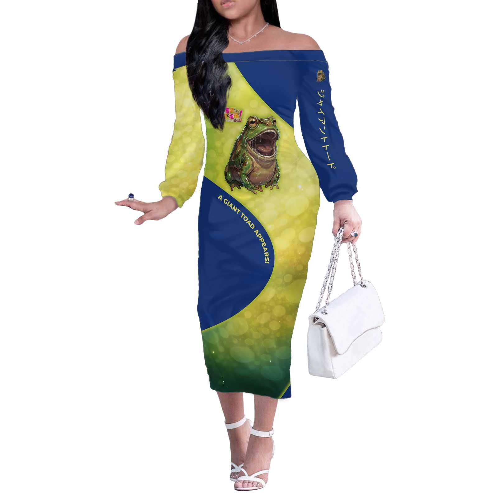 Giant Toad Encounter Off The Shoulder Long Sleeve Dress Comedic Fantasy Creature Art Style