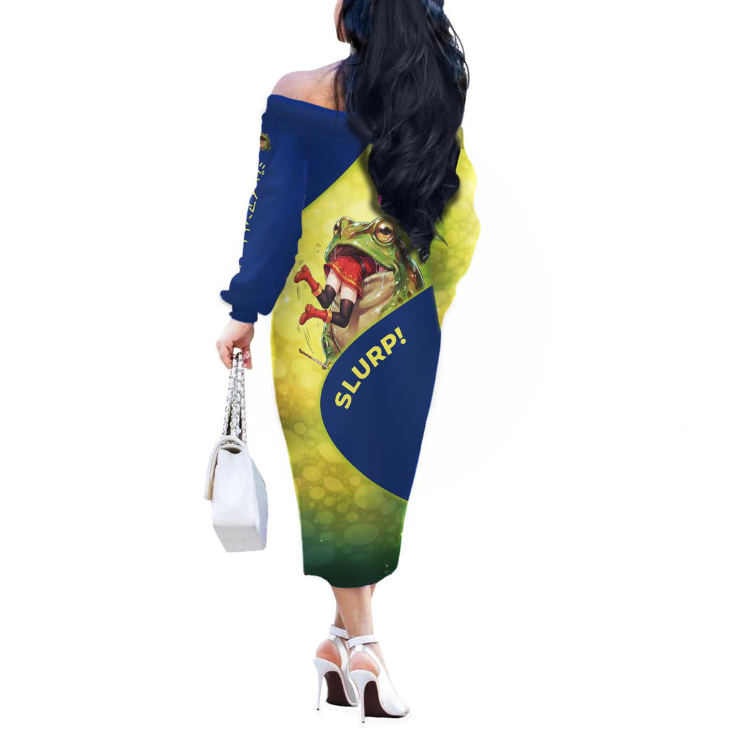 Giant Toad Encounter Off The Shoulder Long Sleeve Dress Comedic Fantasy Creature Art Style