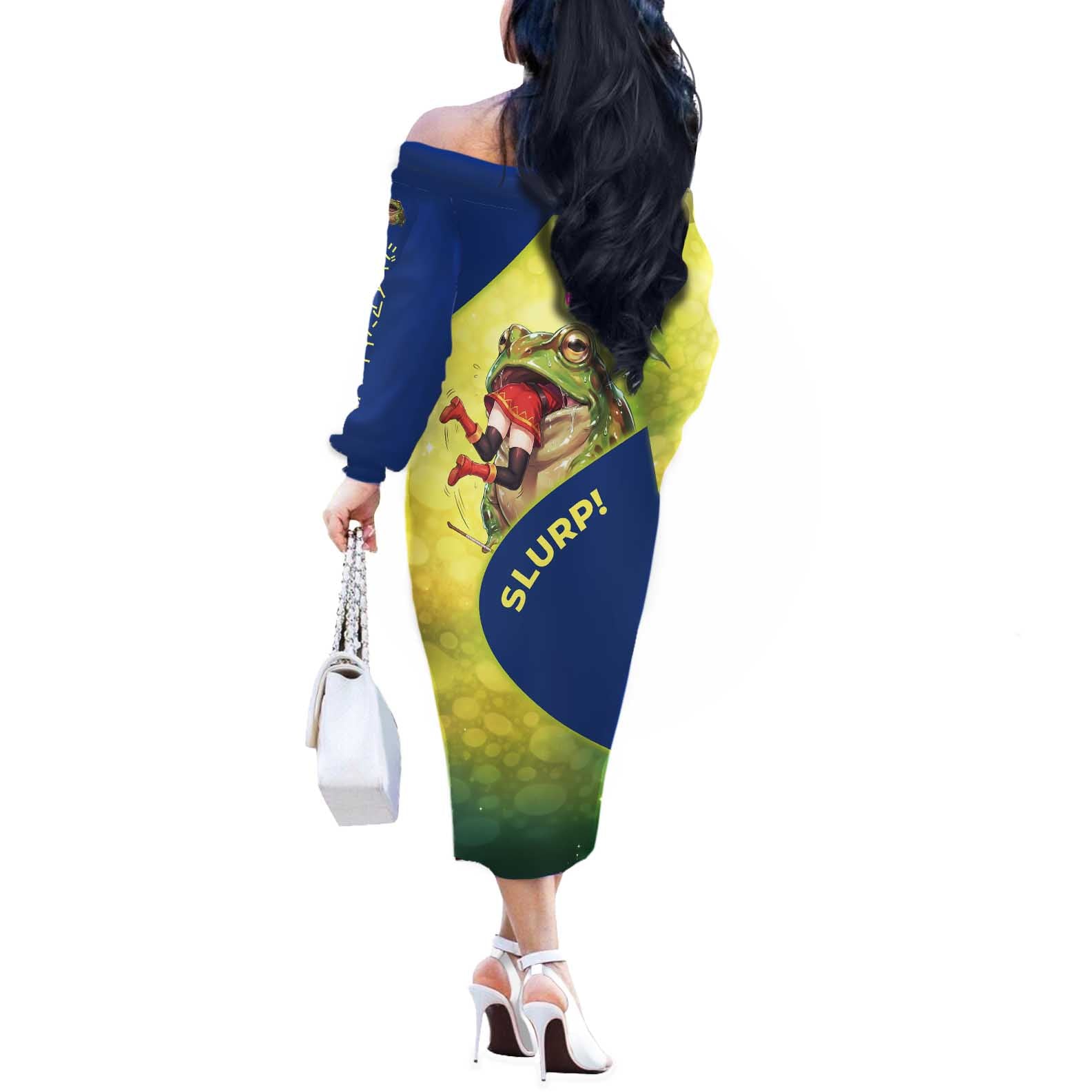 Giant Toad Encounter Off The Shoulder Long Sleeve Dress Comedic Fantasy Creature Art Style