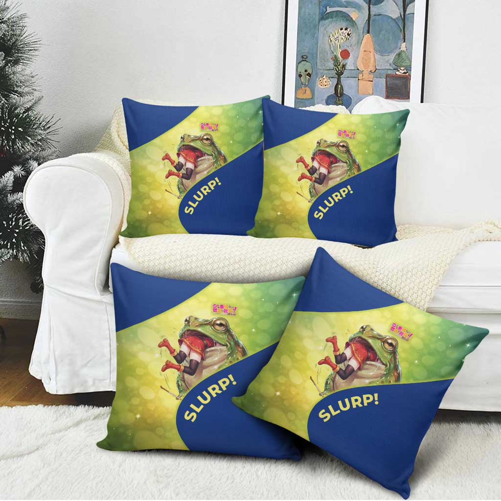 Giant Toad Encounter Pillow Cover Comedic Fantasy Creature Art Style