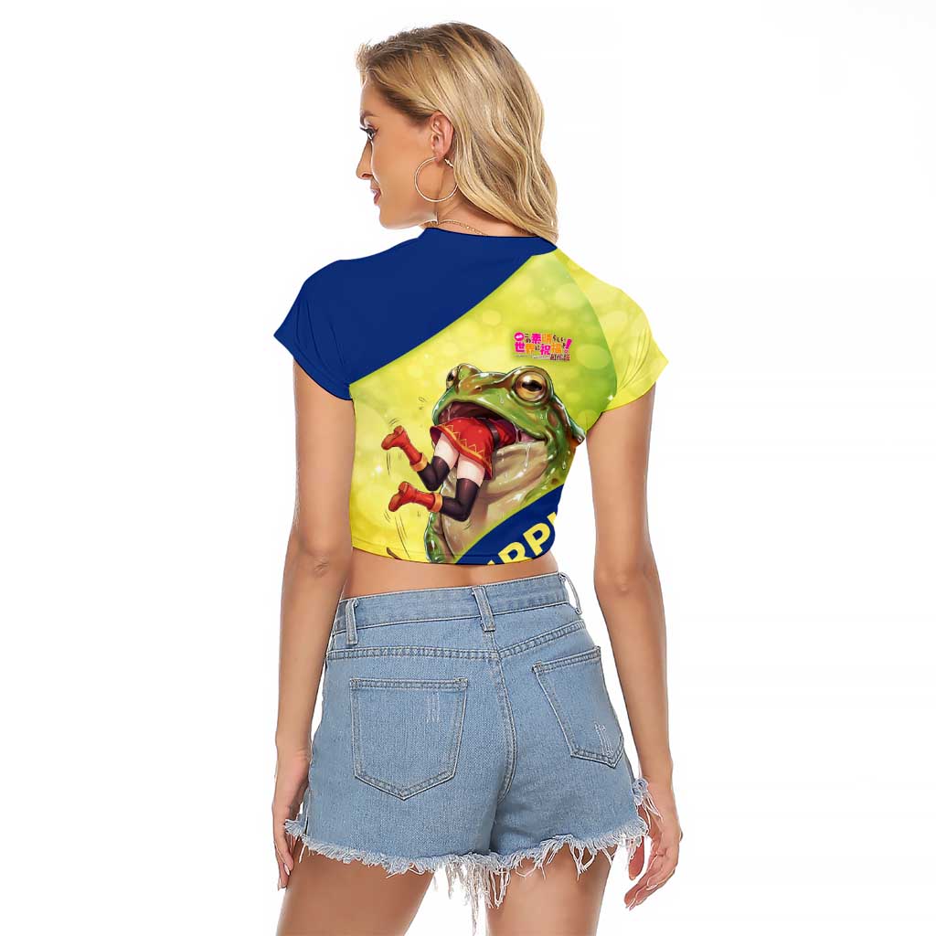 Giant Toad Encounter Raglan Cropped T Shirt Comedic Fantasy Creature Art Style
