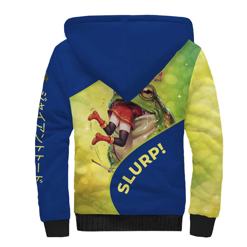 Giant Toad Encounter Sherpa Hoodie Comedic Fantasy Creature Art Style