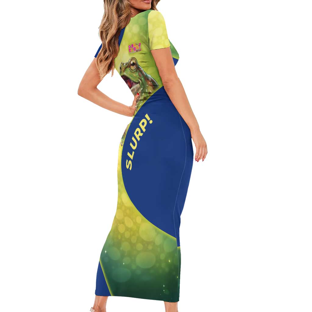 Giant Toad Encounter Short Sleeve Bodycon Dress Comedic Fantasy Creature Art Style