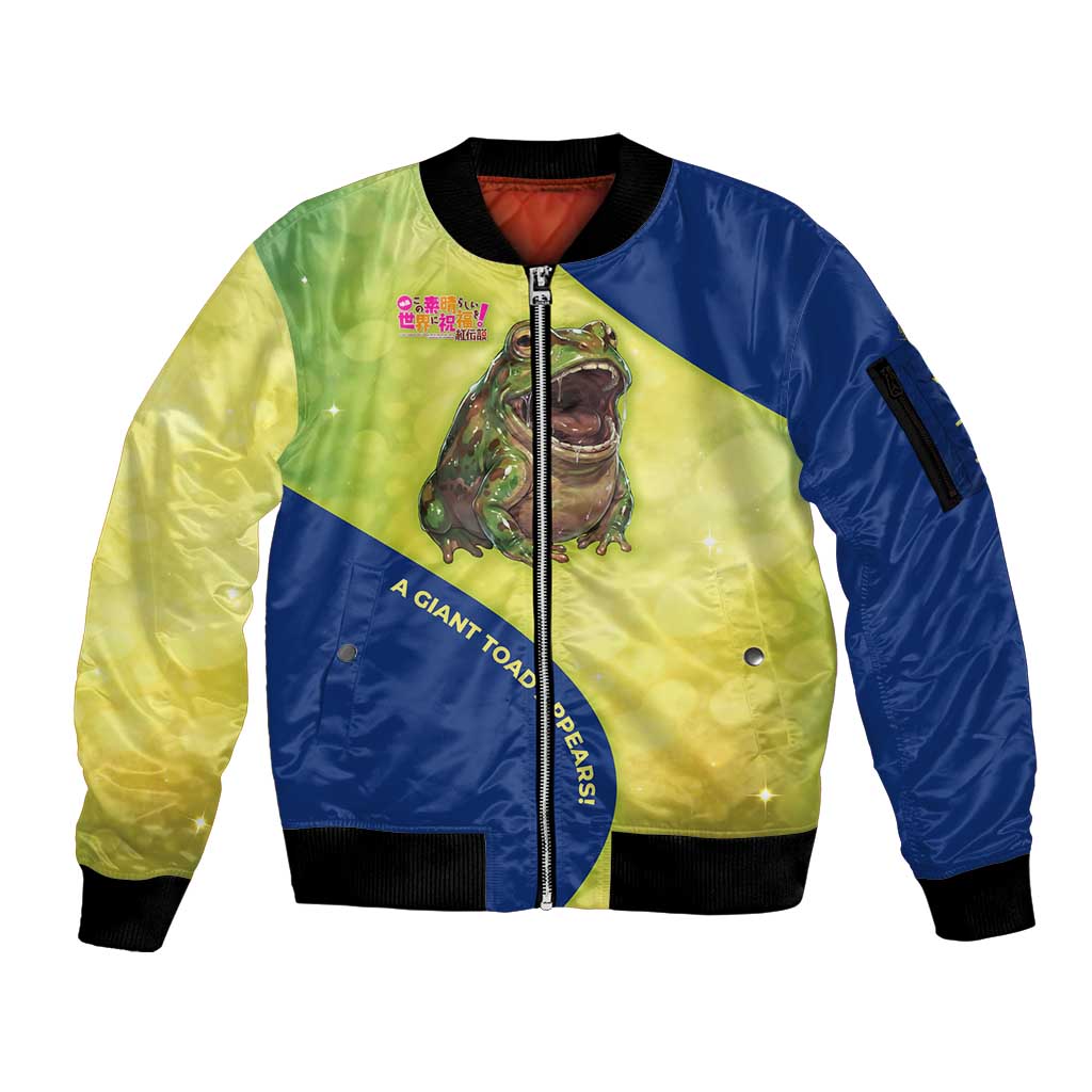 Giant Toad Encounter Sleeve Zip Bomber Jacket Comedic Fantasy Creature Art Style