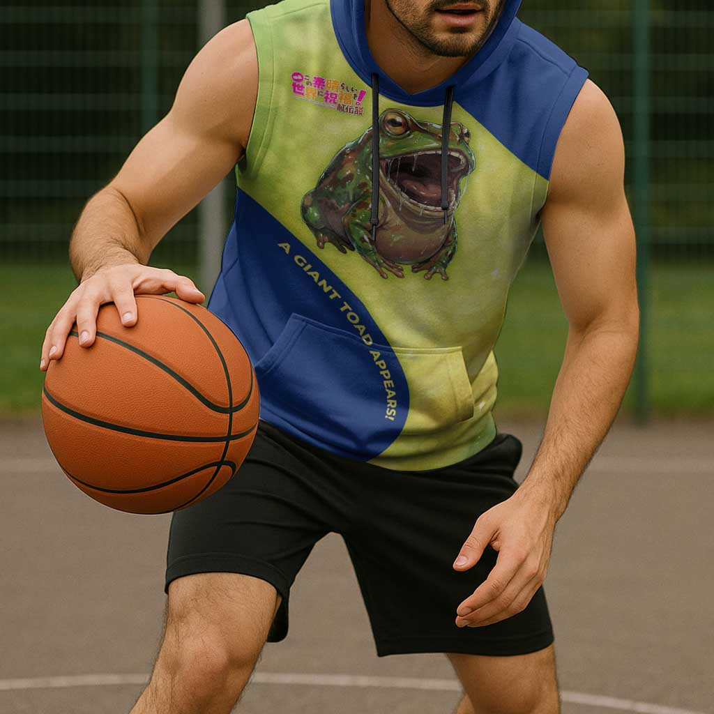 Giant Toad Encounter Sleeveless Hoodie Comedic Fantasy Creature Art Style