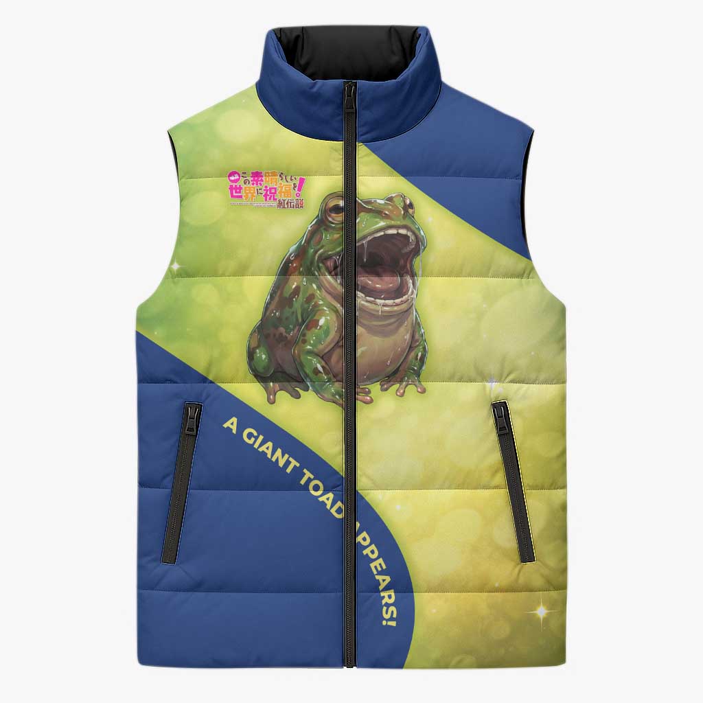 Giant Toad Encounter Sleeveless Puffer Jacket Comedic Fantasy Creature Art Style