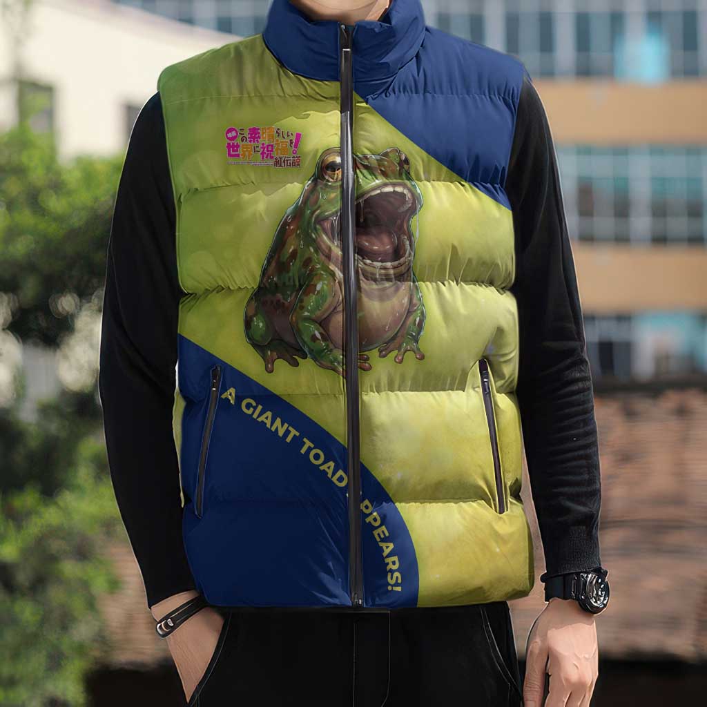 Giant Toad Encounter Sleeveless Puffer Jacket Comedic Fantasy Creature Art Style