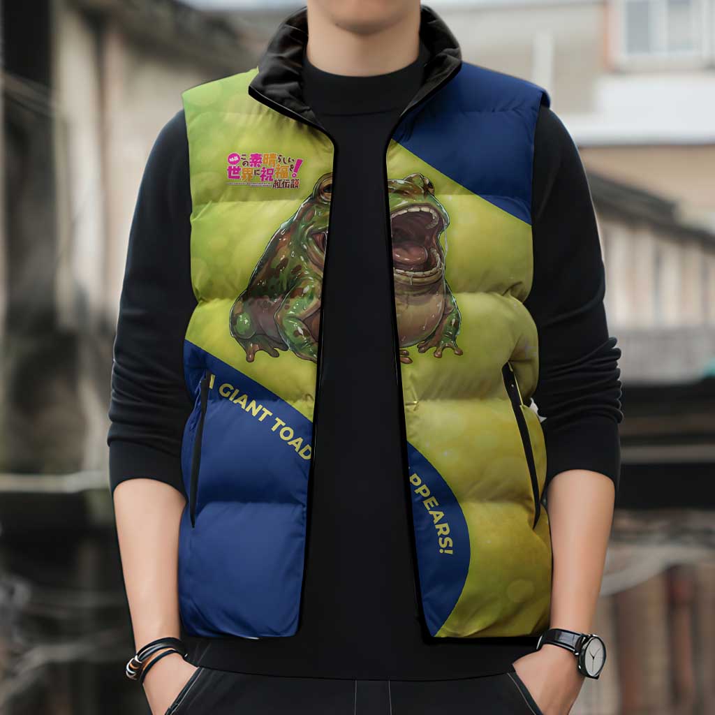 Giant Toad Encounter Sleeveless Puffer Jacket Comedic Fantasy Creature Art Style